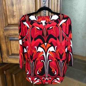 Chico’s orange, red and black gathered scoop neck